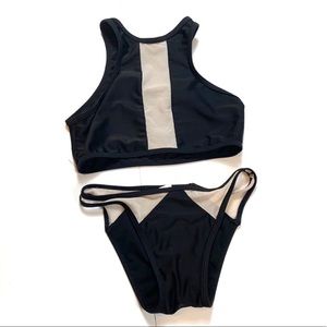 SHEIN Black Beige Mesh High Neck Tank Top Sporty Bikini Swim Set